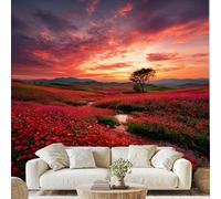 Natural Sunset Flower Sea Mural Red Poppy Field Self-Adhesive Wallpaper 100x70 cm Mountain Plants Canvas Wall Paper for Bedroom Living Room Wall Mural Removable Stickers zw2x