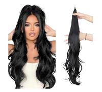 Natural Synthetic Flexible Wrap Around Long Ponytail Hair Extensions with Layered Curly Wave,Easy to Wear Perfect Looking(1B)