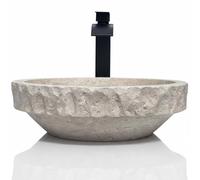 Natural Tan Travertine Stone Vessel Sink - Modern Rustic Chiseled Round Bathroom Sink - Hand-Carved Marble - Real Stone Basin + Free Soap Tray