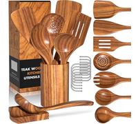 Natural Teak Wooden Kitchen Cooking Utensil Set with Holder, Wooden Spoons for Cooking, 10PCS Cooking Spatulas Set with Spoon Rest, Wooden Utensil Set for Nonstick Cookware Sturdy & Lightweight