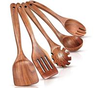 Natural Teak Wooden Kitchen Utensils Set - Wooden Utensil Set for Non-Stick Pans, 5PC Smooth Finish Spoons, Spatulas & Forks, Comfort-Grip Eco-Friendly Cooking Tools