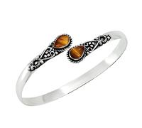 Natural Tiger Eye Silver Cuff Bracelet for Women - Brown Stone June Birthstone Adjustable Open Bangle Handmade Jewelry - Wedding Gift for Her