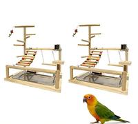 Natural Timber Parrot Playstand with Climbing Ladder and Swing, Multifunctional Bird Activity Centre for Budgies Cockatiels Conures, Interactive Perch Gym with Food Bowls and Chew Toys (2PCS)