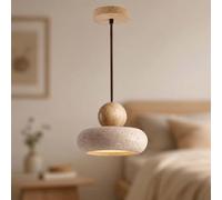 Natural Travertine Stone Pendant Light Nordic Wabi-sabi Solid Wood Accent Warm LED Hanging Lamp Chandeliers for Kitchen Island Dining Room Bedroom Bedside Hallway