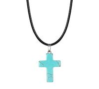 Natural Turquoise Crystal Necklace Cross Gemstone with Black Leather Cord Pendant Necklace Reiki Healing Crystal Necklace Chakra Jewelry Gift for Women Men