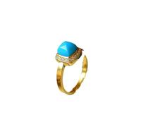 Natural Turquoise Square Art Ring Fresh and Elegant Blue Small Pyramid S925 Sterling Silver Open Ring for Women-gold