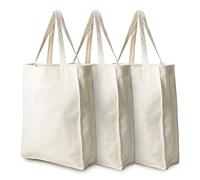 Natural Unbleached Cotton Shopping Bag with Long Handles - Reusable Eco-Friendly Grocery Tote - Heavy Duty Carry Bag for Shopping, Market & Beach (Set of 3)