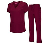 Natural Uniforms for Women V Neck Stretchy Cool Cargo Pants Set (Burgundy, Large)