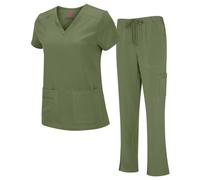 Natural Uniforms Women's Cool Stretch V-Neck Top and Cargo Pant Nurses Uniform Scrub Set with Regular and Petite Sizes, Olive, XL