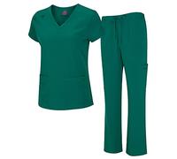 Natural Uniforms Women's Cool Stretch V-Neck Top and Cargo Pant Scrub Set with Regular and Petite Sizes, True Hunter Green, Medium-Petite