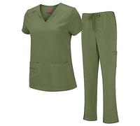 Natural Uniforms Women's Cool Stretch V-Neck Top and Cargo Pant Scrub Set with Regular and Petite Sizes, Olive, XS