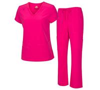 Natural Uniforms Women's Cool Stretch V-Neck Top and Cargo Pant Scrub Set with Regular and Petite Sizes, Hot Pink, Medium-Petite