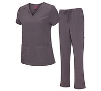 Natural Uniforms Women's Cool Stretch V-Neck Top and Cargo Pant Scrub Set with Regular and Petite Sizes, Charcoal, Medium-Petite