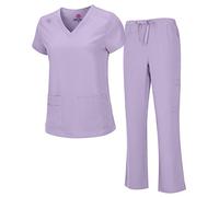 Natural Uniforms Women's Cool Stretch V-Neck Top and Cargo Pant Scrub Set with Regular and Petite Sizes, Lavender, Medium