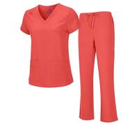 Natural Uniforms Women's Cool Stretch V-Neck Top and Cargo Pant Scrub Set with Regular and Petite Sizes, Coral, X-Large-Petite