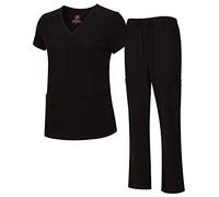 Natural Uniforms Women's Cool Stretch V-Neck Top and Cargo Pant Scrub Set with Regular and Petite Sizes, Black, Medium-Petite