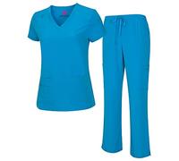 Natural Uniforms Women's Cool Stretch V-Neck Top and Cargo Pant Scrub Set with Regular and Petite Sizes, Water Blue, Medium-Petite