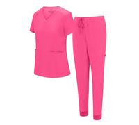 Natural Uniforms Womens Essential Cool Stretch Jogger Scrub Set with Regular and Petite Sizes, Hot Pink, Small-Petite
