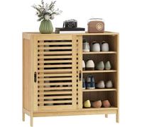 Natural Ventilated Bamboo Shoe Cabinet, Sliding Slat Doors Shoe Storage Cupboard with Adjustable Shelves, Space Saving Shoe Rack for Hallway Entryway,001