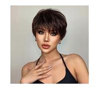 Natural wig Short Cut Dark Brown Synthetic Wigs Natural Straight Layered Wig with Fluffy Bangs for Women Daily Heat Resistant Hair wigs for Women
