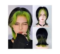 Natural wig Short Straight Black Green Highlights Synthetic Wig Middle Part Fluffy Wig for Party wigs for Women