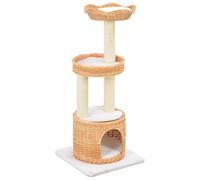 Natural Willow Wood Cat Tree, 94cm Tall Cat Tower with Sisal Scratching Post, Cozy Cat House & 2 Baskets, Removable Cushions for Indoor Cats