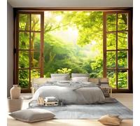 Natural Window View Wallpaper for Living Room Peel and Stick 400 x 280 cm Wallpaper Self Adhesive Removable Wall Mural for Walls, Green Jungle Sunshine Wall Sticker for Bedroom Kids Bedroom Decor