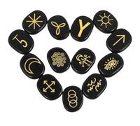 Natural Witches Runes Stones Set of 13,Healing Crystal with Engraved Gypsy Symbols for Meditation ,Black Obsidian