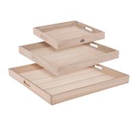 (Natural Wood) 3 Pcs Square Wooden Food Drinks Serving Tray Set