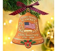 Natural Wood American Flag Bell Ornament - 250th Anniversary 1776-2026 with Printed Waving Flag & Buffalo Plaid Bow, Handcrafted 3.9 Inch Patriotic Keepsake for Christmas & Independence Day