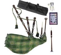 Natural Wood Bagpipe Complete Set | Carry Bag, Practice Chanter, Drone & Pipe Reeds, Tutor Book | Playable Highland Bagpipes in Multiple Tartan Colors (Irish Green)