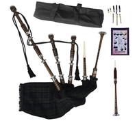 Natural Wood Bagpipe Complete Set | Carry Bag, Practice Chanter, Drone & Pipe Reeds, Tutor Book | Playable Highland Bagpipes in Multiple Tartan Colors (Black Watch)