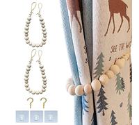 Natural Wood Bead Curtain Tie Backs Set of 2 Tiebacks Curtain with 2 Metal Hooks Handmade Drapery Holdbacks Farmhouse Window Garland Boho Tie Band Window Sheer and Blackout Panels Decor Accessories