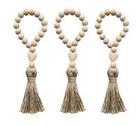 Natural Wood Bead Garland with Tassel Boho Beads Farmhouse Tiered Tray Decorative Heart-Shaped Design Rustic Country Wooden Wall Hanging Decor Prayer Beads Colorful Handmade Summer Beads Decorations