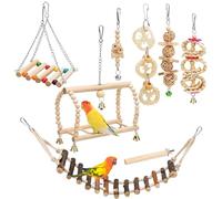 Natural Wood Bird Swing and Chewing Set - 8Pcs Parrot Accessories, Hanging Perch Hammock Climbing Ladder for Parakeet Cockatiel Lovebirds Conures Finches (Natural A)