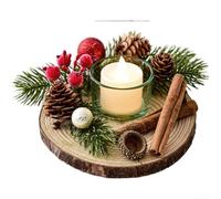 Natural Wood Candle Stand Featuring Pine Cone and Berry Elements for Holiday Themed Tabletop and Mantel Displays (A)