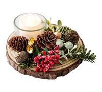 Natural Wood Candle Stand Featuring Pine Cone and Berry Elements for Holiday Themed Tabletop and Mantel Displays (C)