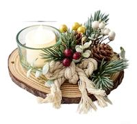 Natural Wood Candle Stand Featuring Pine Cone and Berry Elements for Holiday Themed Tabletop and Mantel Displays (B)