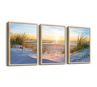 Natural Wood Framed Wall Art - Set Of 3 Piece Framed Art Prints For Living Room, Bedroom, Office Wall Decor - Blue Beach Seascape Paintings Home Decor