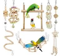 Natural Wood Parrot Swing and Chewing Accessories, 8Pcs Bird Set - Hanging Perch Hammock Climbing Ladder for Parakeet, Cockatiel, Lovebirds, Conures, Finches (Natural B)