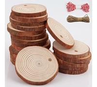 Natural Wood Slices for Crafts 24Pcs Round Wooden Discs with Holes Hanging Rope 5-6cm Unfinished Log Slices Predrilled Wooden Circles for Arts Crafts DIY Hobby Wedding Christmas Ornaments Decoration