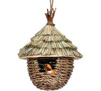 Natural Wooden Birdhouse & Handwoven Grass Nest - Outdoor Hanging Nesting Box for Garden, Patio, Tree - Rustic Shelter for Robins, Sparrows & Small Birds (B)