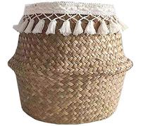 Natural Woven Straw Basket, Foldable Seagrass Belly Basket Laundry Storage Plant Pot Nursery Cosmetic Storage Bag Handmade Basket, for Storage, Laundry, Picnic, Flower Plant Toy Storage (Type A)