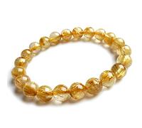 Natural Yellow Gold Rutilated Quartz Crystal Round Bead Bracelet 9mm AAAAA
