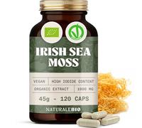 NaturaleBio Organic Irish Sea Moss 120 Capsules. 1000mg. 100% Vegan Extract (20:1). 2 Month Supply. High in Iodine. with Black Pepper for Better Absorption.