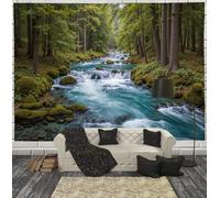 Naturalistic Style Forest Theme Tapestry Blue Green Tapestries Rivers Forests Wall Hanging Decor Living Room Yoga Meditation and Bedroom 150 × 200 cm