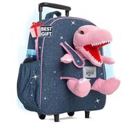 Naturally KIDS Pink Dinosaur Backpack with Wheels - Kids Suitcase on Wheels for Girls Boy w Stuffed Animal - Children's Luggage