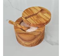Naturally Med Olive Wood Salt Cellar with Inset Spoon. Magnetic, swivel lid. Spoon is held by a magnet on lid. Salt cellar, salt pot, salt keeper. Natural Olive Wood.
