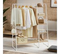 (NaturalOak,White) Clothes Rail, Clothes Rack with Shoe Shelf, 5-Tier Storage Rack, 6 Side Hooks