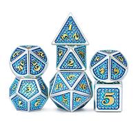 NaturalOne Dungeons and Dragons 7 Piece Solid Metal Dice set with Azure Scales, Silver Edges and Gold Numbers for D&D, Tabletop RPG Adventures and DND Games